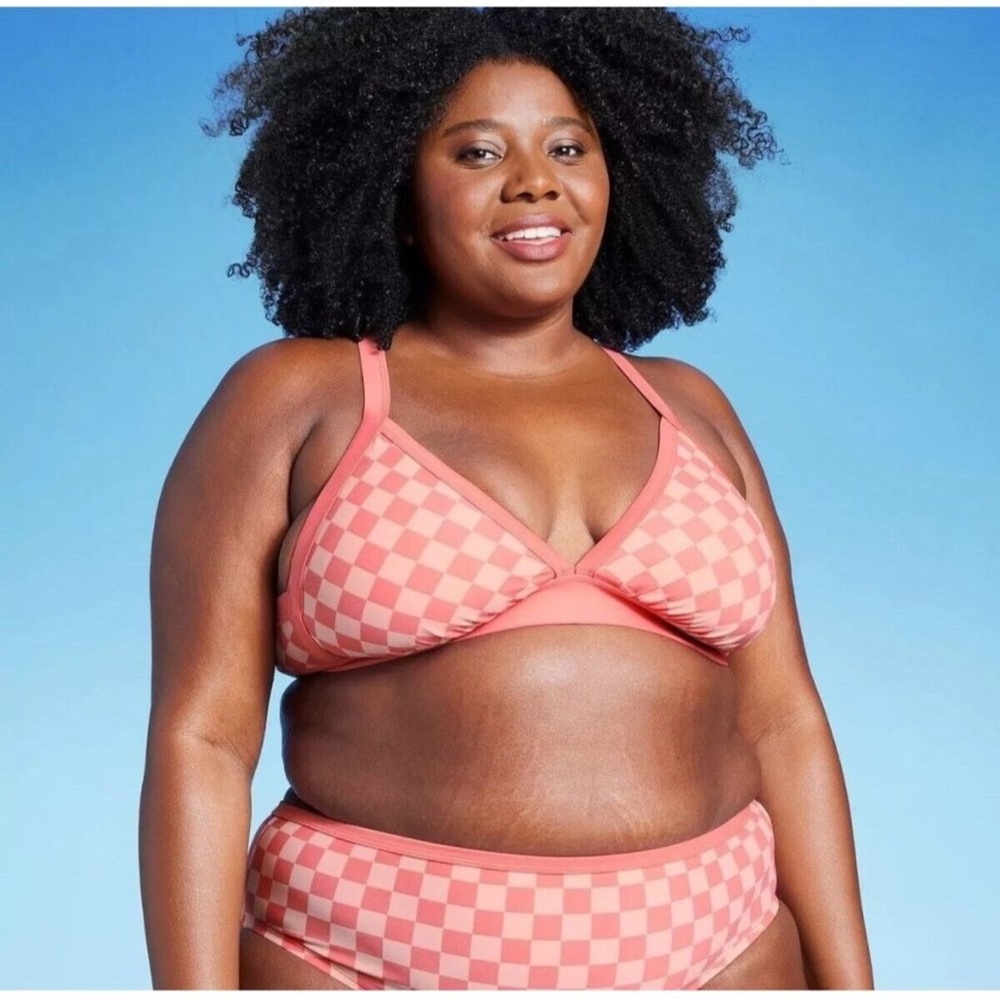Kona Sol Two Piece Bikini Swimsuit Checkerboard Print Peach 16W / 18W